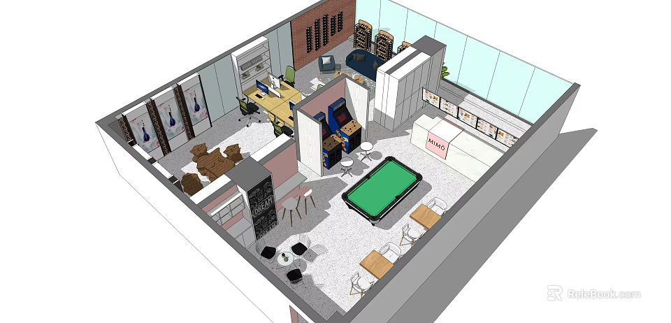 Modern Public Office Space With Desks Lounge Area Pool Table And Plants 3d model 