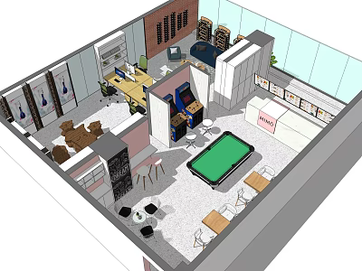 Modern Public Office Space With Desks Lounge Area Pool Table And Plants 3d model