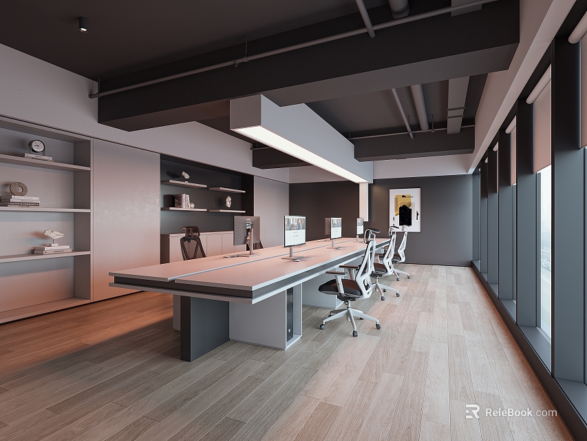 Modern Public Office Space With Long Desk Ergonomic Chairs Large Windows Open Layout And Bookshelves 3d model 