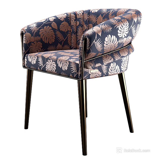 Modern Accent Chair With Tropical Leaf Pattern Navy Blue Fabric And Black Metal Legs 3d model 