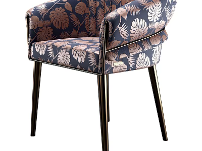 Modern Accent Chair With Tropical Leaf Pattern Navy Blue Fabric And Black Metal Legs 3d model