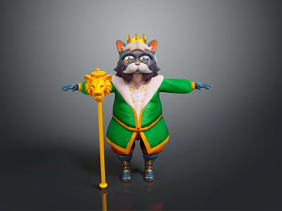 Royal Cat Character In Green Robe With Crown And Golden Scepter 3d model