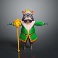 Royal Cat Character In Green Robe With Crown And Golden Scepter