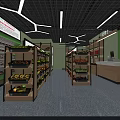 Modern Fruit Store Interior With Fresh Yellow And Green Fruits On Shelves And Checkout Counter