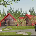 Red Roof Detached Villa With Glass Windows Pine Trees And Green Lawn