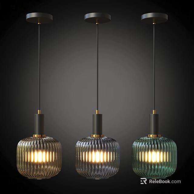 Modern Textured Glass Pendant Lights With Metallic Bases Black Cords And Illuminated Glow 3d model 