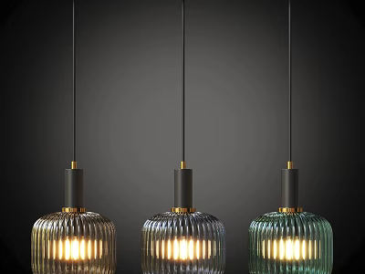 Modern Textured Glass Pendant Lights With Metallic Bases Black Cords And Illuminated Glow 3d model