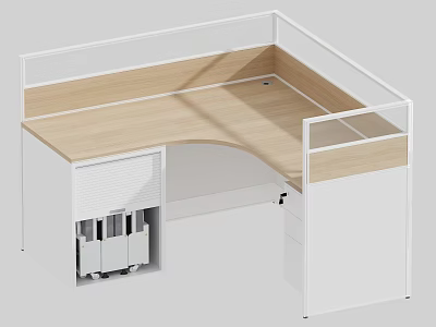 Modern Office Desk With Cubicle Partition Wooden Top White Frame And Storage Cabinet Unit 3d model