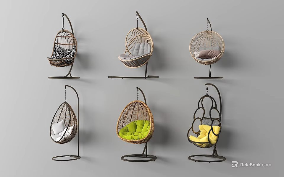 Stylish Rattan Hanging Chairs For Garden Decor With Various Designs Colorful Cushions And Frames 3d model 