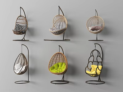 Stylish Rattan Hanging Chairs For Garden Decor With Various Designs Colorful Cushions And Frames 3d model