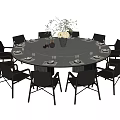 Modern Round Dining Table Set with Black Chairs Tableware and Decorative Vase 3d model
