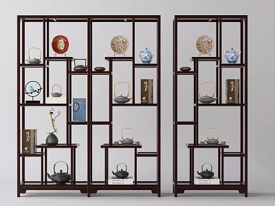 Dark Wood Chinese Curio Shelf Displaying Vases Teapots Decorative Plates And Ornaments 3d model