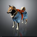 Shiba Inu Dog Wearing Blue Outfit With White Cloud Patterns And Orange Backpack