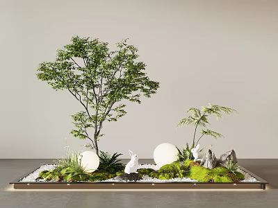 Tree Planter with Green Tree Moss Pebbles White Spherical Lights Rabbit Decorations and Light Strips 3d model