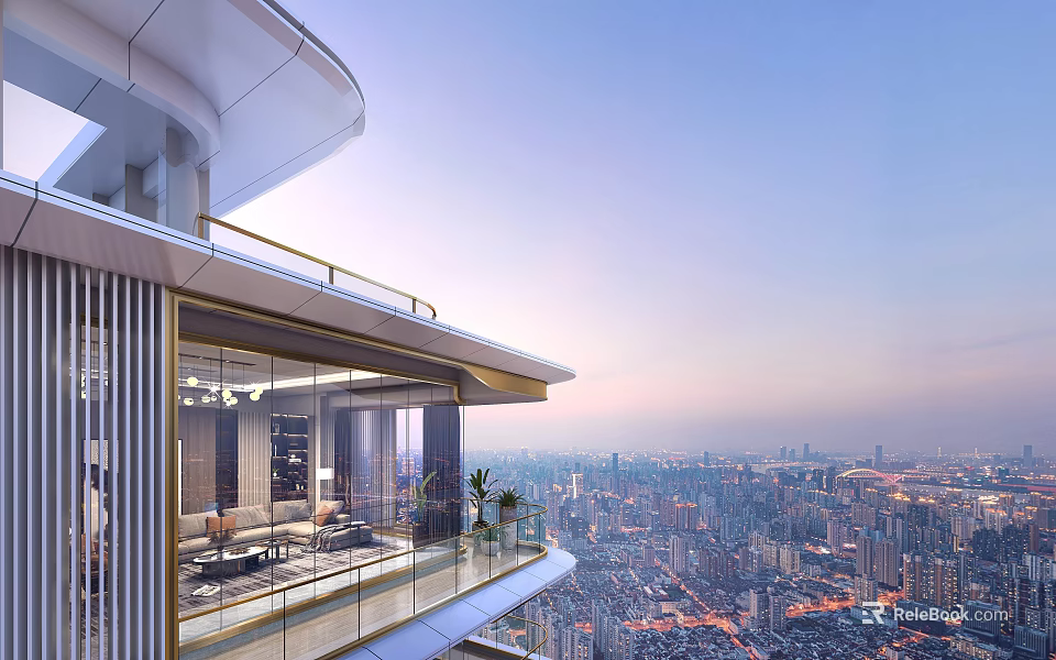 Modern Luxury High Rise Terrace with Glass Railings and Night City Skyline View 3d model 