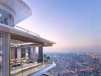 Modern Luxury High Rise Terrace with Glass Railings and Night City Skyline View 3d model