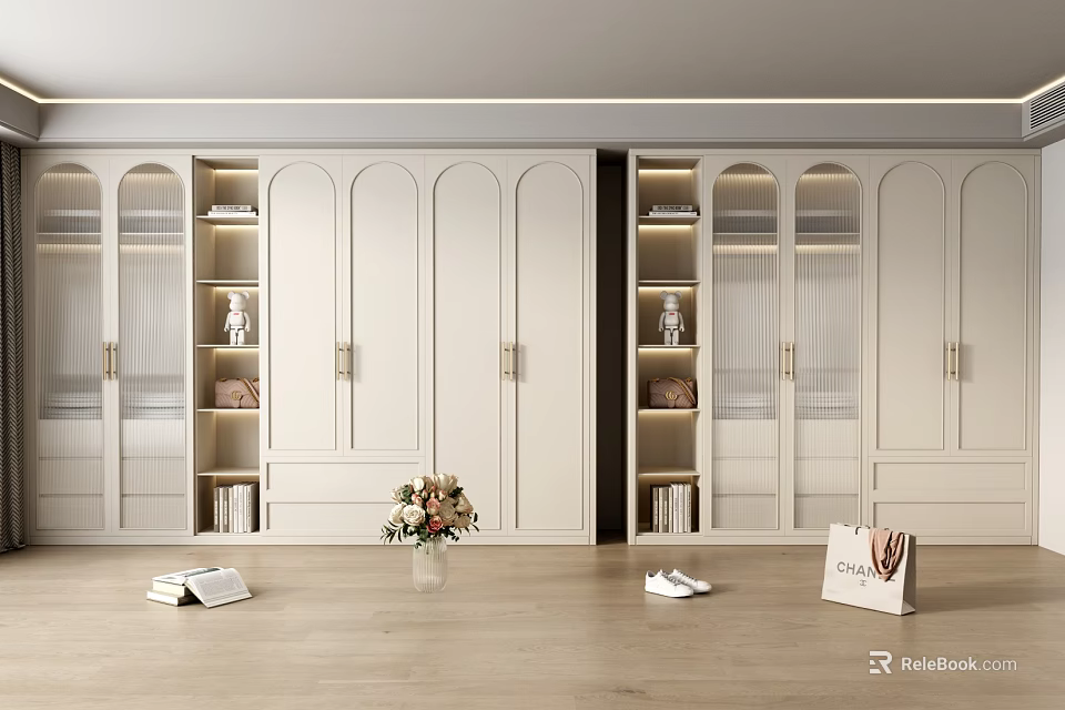 Modern White Wardrobe with Open Shelves Glass Doors and Interior Storage Design 3d model 
