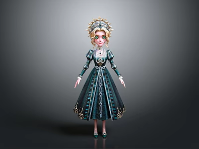 Elegant Fantasy Doll With Intricate Green Dress And Ornate Headdress 3d model