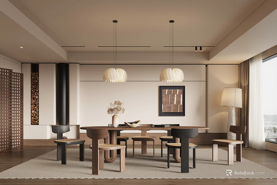 Modern Restaurant Interior With Wooden Dining Table Chairs Pendant Lights And Decorative Artwork 3d model 