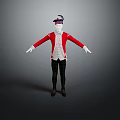 Mannequin Wearing Red Coat White Shirt Black Striped Pants And Hat