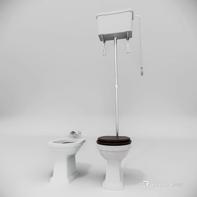 Two Piece White Toilet with Brown Seat and Flushing Mechanism in White Background Setting 3d model 