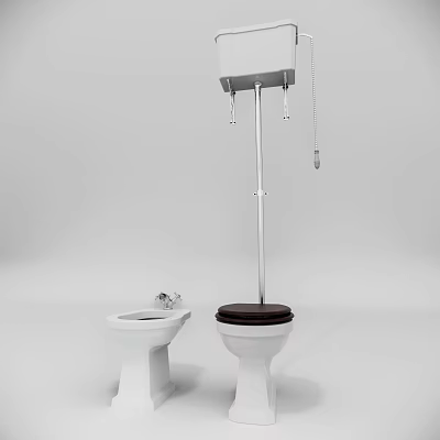 Two Piece White Toilet with Brown Seat and Flushing Mechanism in White Background Setting 3d model