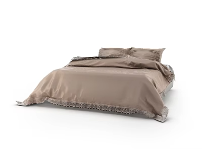Elegant Double Bed With Brown Bedspread Pillows And Delicate Lace Trim 3d model