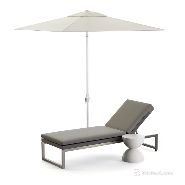 Outdoor Lounge Chair With Gray Cushion Metal Frame And White Umbrella Side Table 3d model 