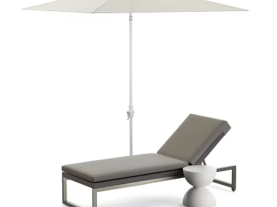 Outdoor Lounge Chair With Gray Cushion Metal Frame And White Umbrella Side Table 3d model
