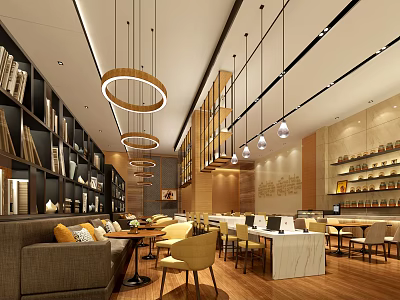 Public Office Space Modern Interior With Bookshelves Tables Chairs Hanging Lights And Wooden Flooring 3d model