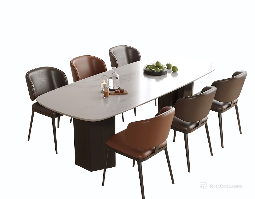 Dining Table and Chairs Set with Oval White Tabletop Six Brown Leather Chairs 3d model