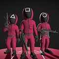 Masked Characters In Red Jumpsuits With Triangle Square Circle Masks Holding Guns