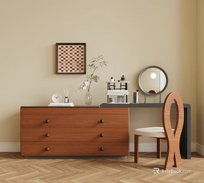 Wooden Dressing Table With Drawers Vase Plant Clock Round Mirror And Checkerboard Painting 3d model 