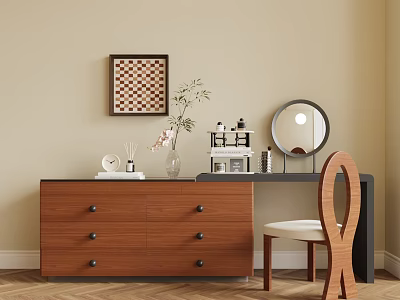 Wooden Dressing Table With Drawers Vase Plant Clock Round Mirror And Checkerboard Painting 3d model