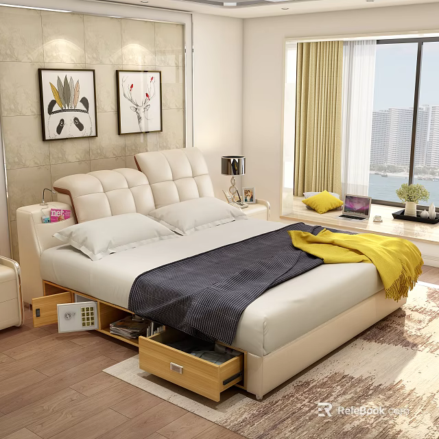 Background Double Bed With Upholstered Headboard Storage Drawers Decorative Paintings Window Curtains City View 3d model 
