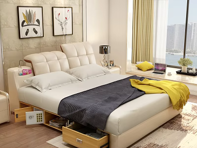 Background Double Bed With Upholstered Headboard Storage Drawers Decorative Paintings Window Curtains City View 3d model