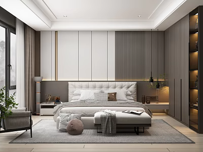 Modern Bedroom Interior Design With Upholstered Headboard Bench Curtains And Area Rug 3d model