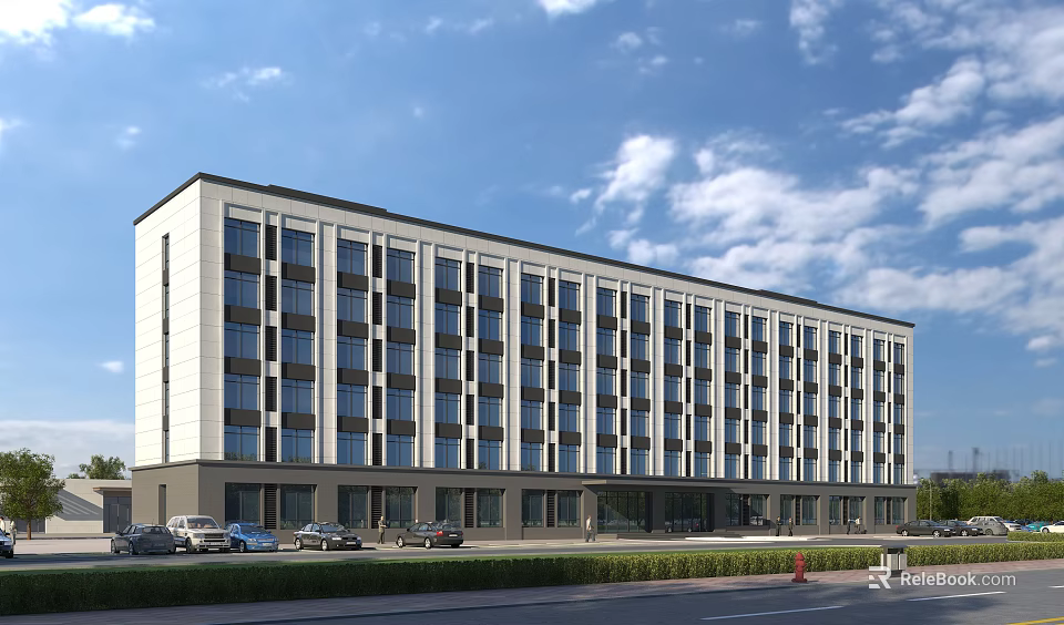 Modern Office Building With Glass Facade Large Windows Parking Lot And Blue Sky 3d model 