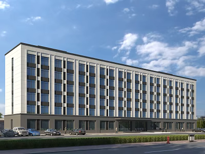Modern Office Building With Glass Facade Large Windows Parking Lot And Blue Sky 3d model