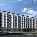 Modern Office Building With Glass Facade Large Windows Parking Lot And Blue Sky