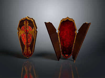 Dual Shield Shaped Sculpture Carving With Gold Trim And Red Intricate Design 3d model