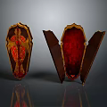 Dual Shield Shaped Sculpture Carving With Gold Trim And Red Intricate Design