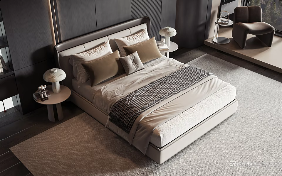 Modern Double Bed With Upholstered Headboard Decorative Pillows Nightstands Lamps And Carpet 3d model 
