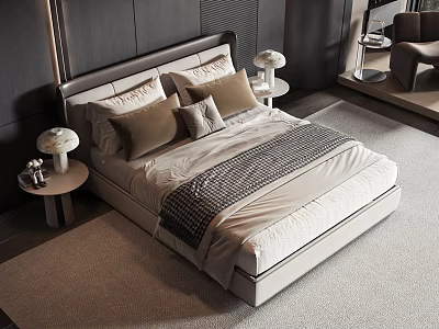 Modern Double Bed With Upholstered Headboard Decorative Pillows Nightstands Lamps And Carpet 3d model