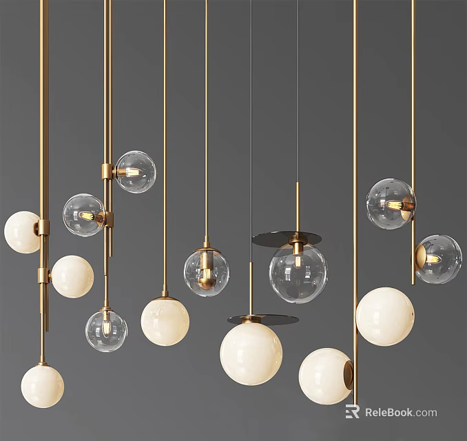 Modern Pendant Chandeliers With Glass Ball Shades And Metallic Hanging Rods For Interior Decor 3d model 