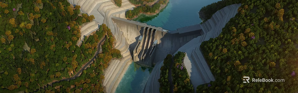 Scenic View Of Stepped Concrete Dam With Blue Water And Lush Green Trees Around 3d model 