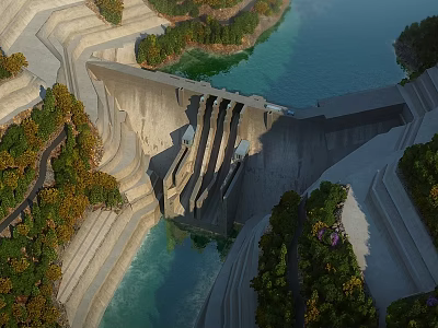 Scenic View Of Stepped Concrete Dam With Blue Water And Lush Green Trees Around 3d model