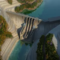 Scenic View Of Stepped Concrete Dam With Blue Water And Lush Green Trees Around