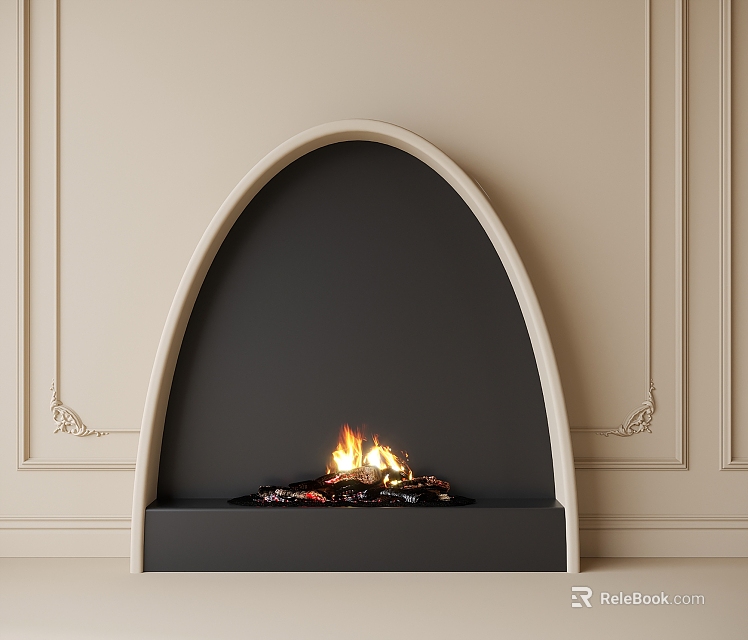 Modern Black Fireplace With White Curved Frame Beige Wall Decorative Molding And Burning Flames 3d model 