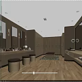 Modern Bathroom Interior Design With Person In Bathrobe Wooden Cabinets And Mirrors